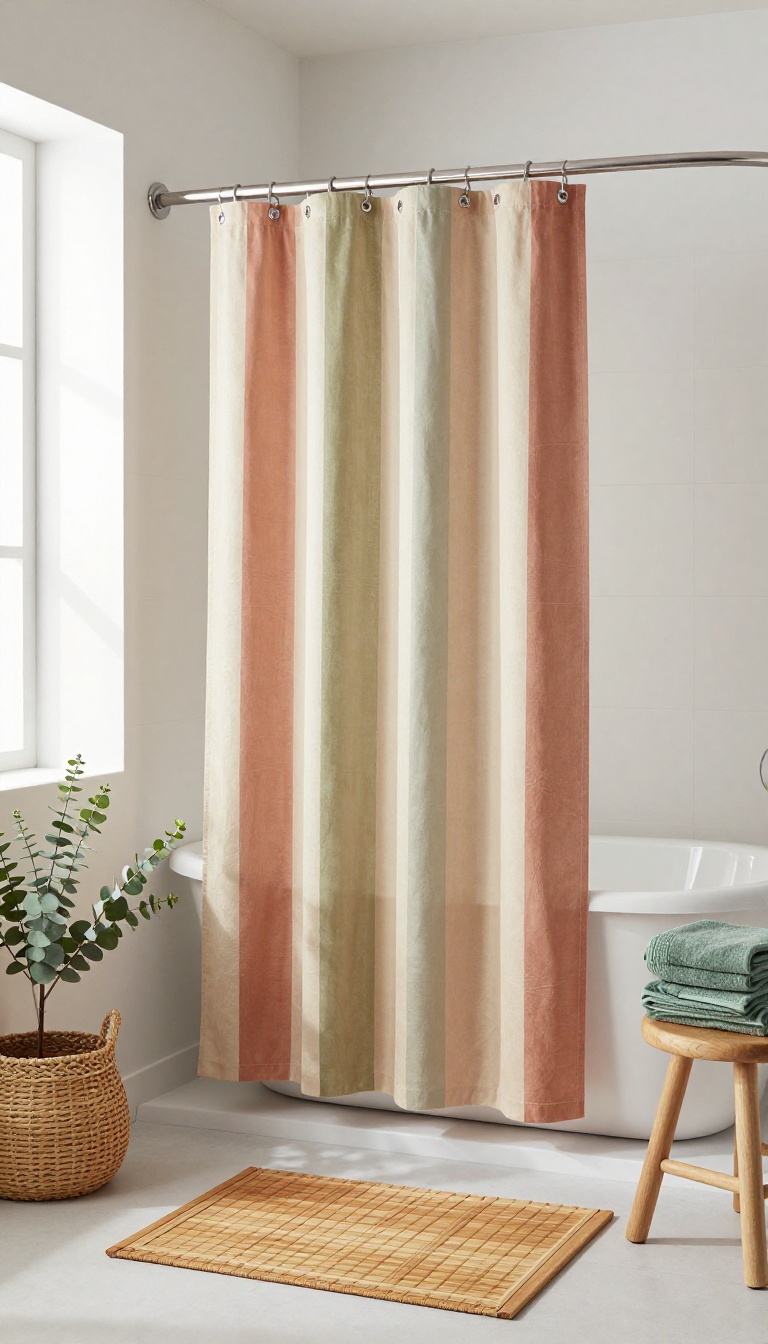 Bathroom with earthy striped shower curtain in terracotta, olive, sand, and clay tones, styled with natural wood, bamboo, and greenery.