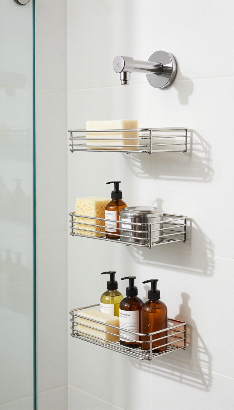 A tiered basket system hanging from the shower arm, holding soap, sponge, and small bottles, in a bright modern shower.
