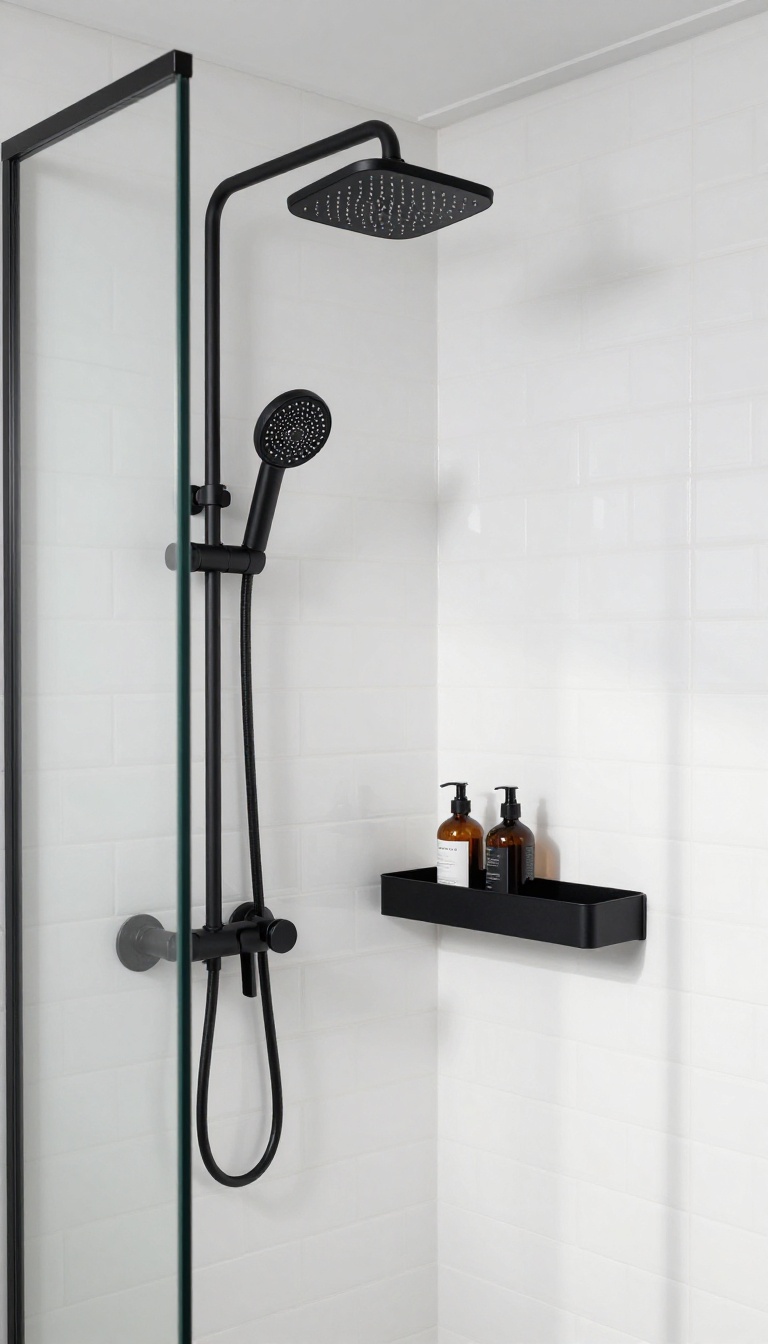 Modern bathroom shower with matte black fixtures against white subway tile