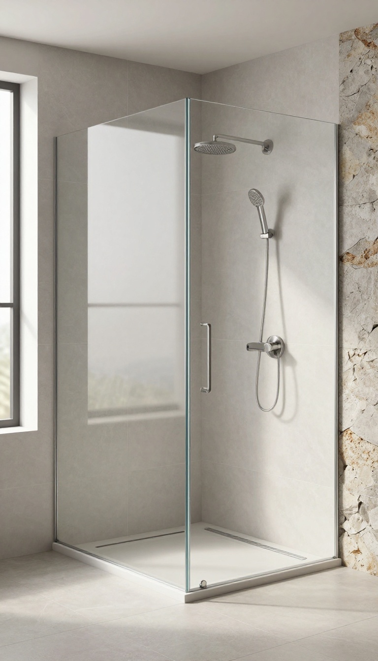 Walk-in shower with a flat floor and a linear drain at the edge, featuring large-format porcelain tiles and natural light.