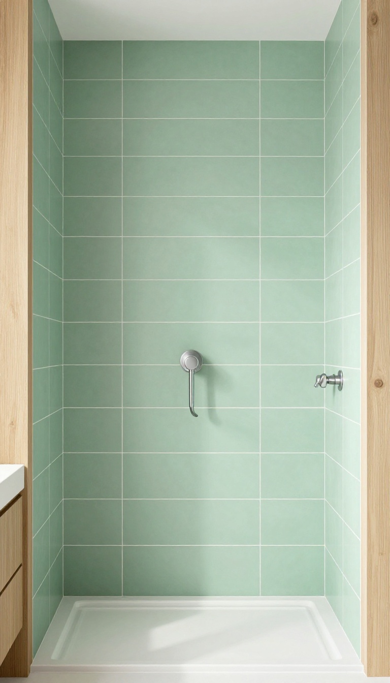 Sage green matte tile shower with white grout in a bright, airy bathroom