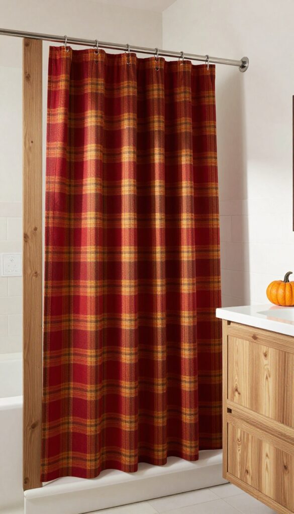 Cozy bathroom with a warm plaid shower curtain in fall colors, natural light, and subtle autumn decor.