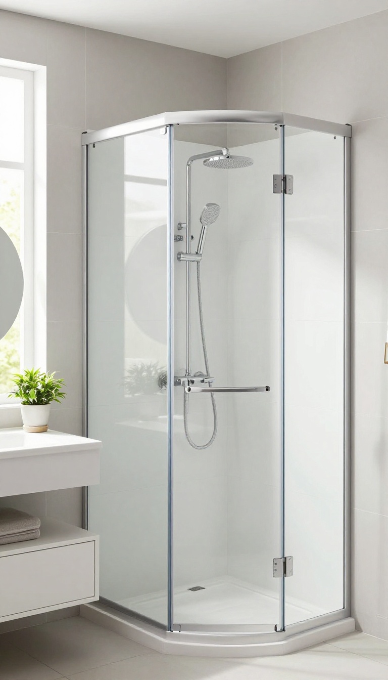 Small bathroom with a corner shower kit in a bright, modern setting