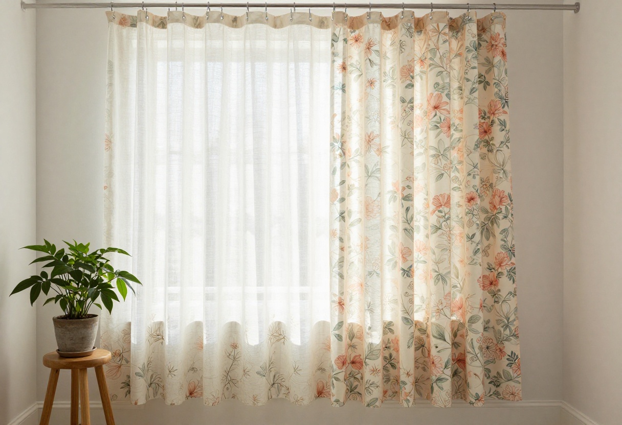 Pastel floral shower curtain in a bright bathroom with natural light