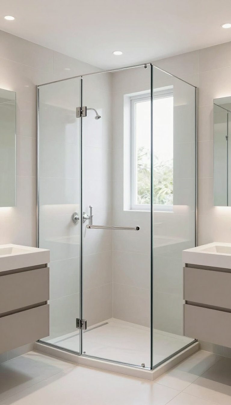 Modern bathroom with frameless glass shower enclosure, open and airy with tile focal point