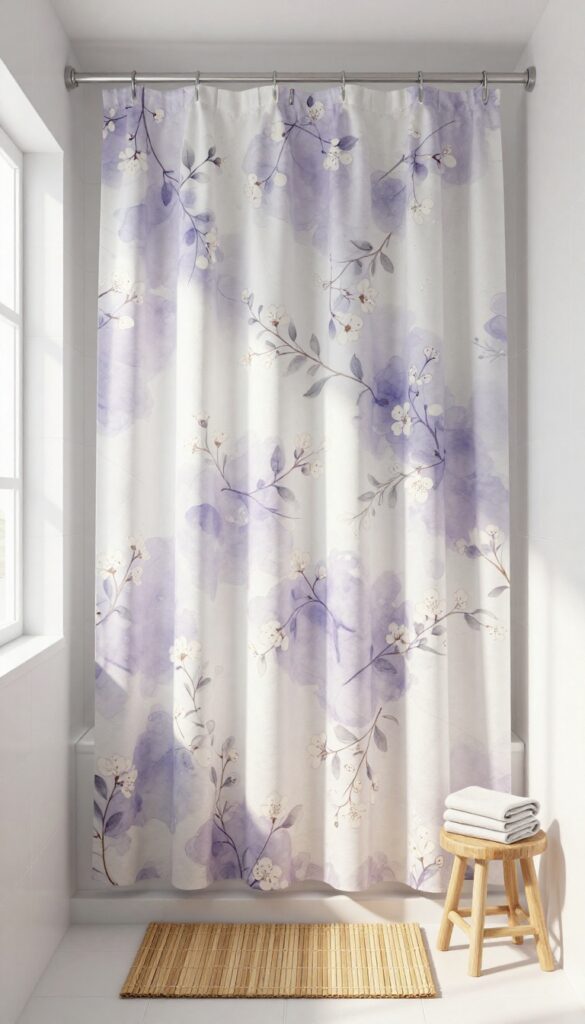 A bathroom with a soft watercolor floral shower curtain in muted lavender and white, paired with wooden and bamboo accents in natural light.