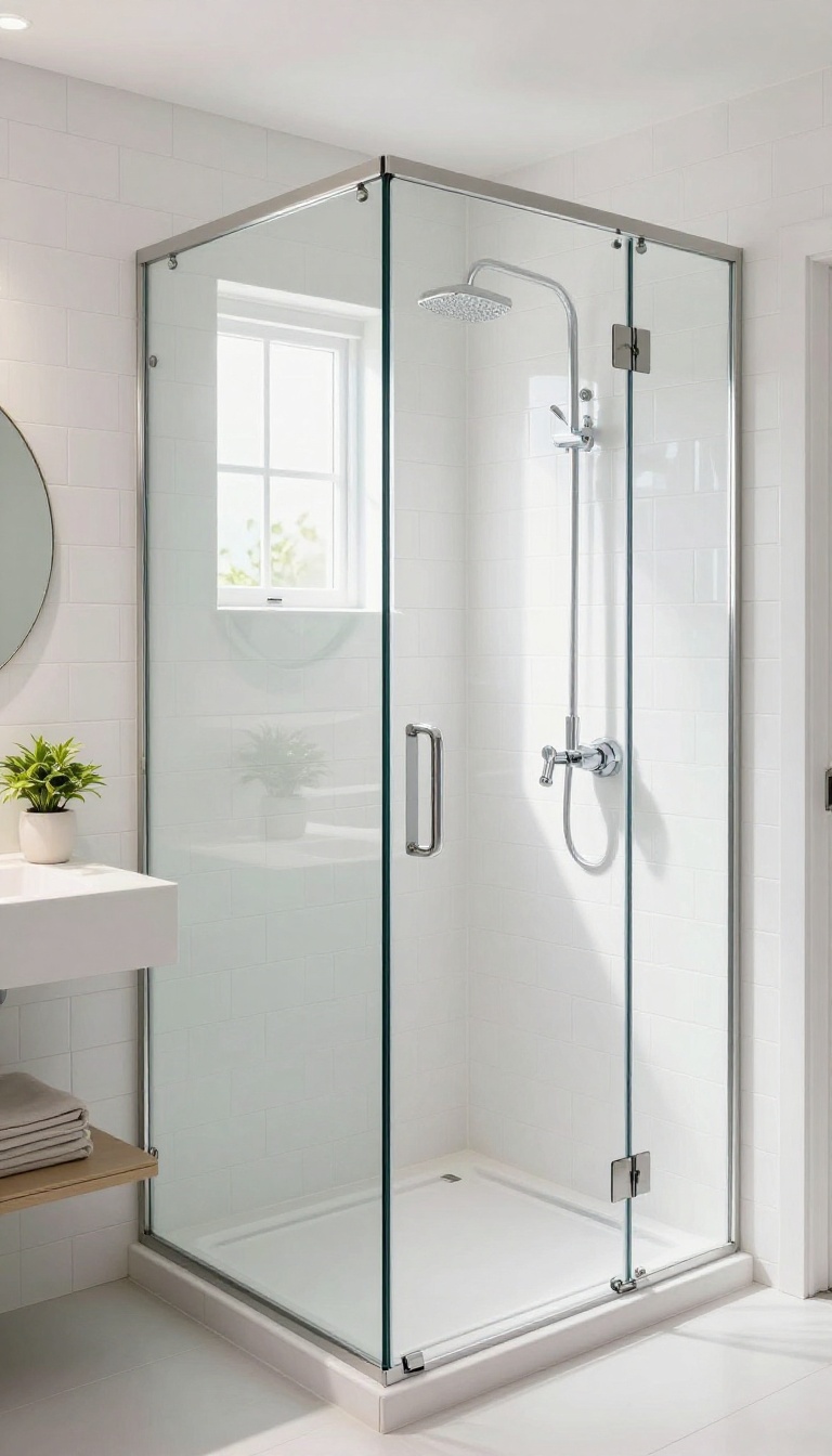 Small bathroom with frameless glass shower enclosure, allowing natural light to flow through and making the space feel open and airy.