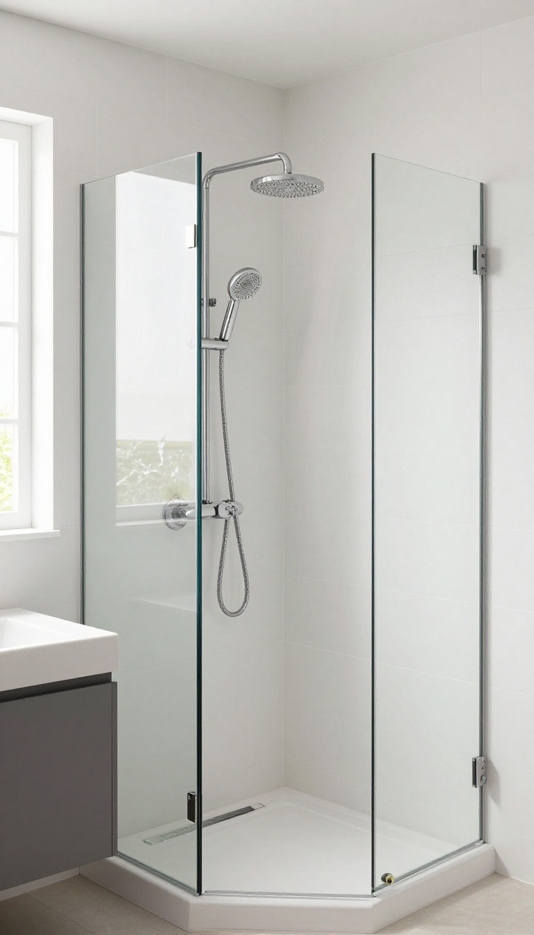 Compact modern bathroom with a wall-mounted shower head and handheld combo in a glass shower enclosure