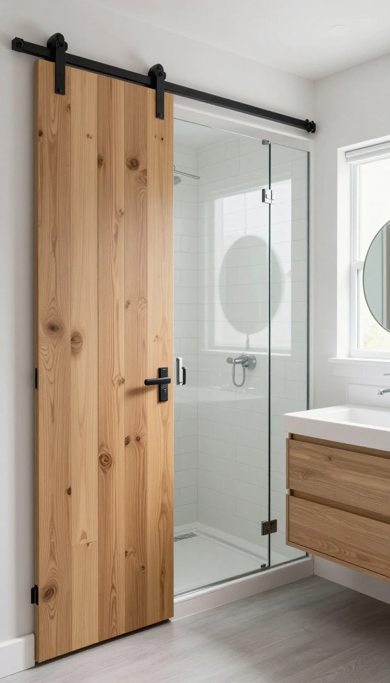 Small bathroom with a sliding barn door, compact shower, and bright natural light