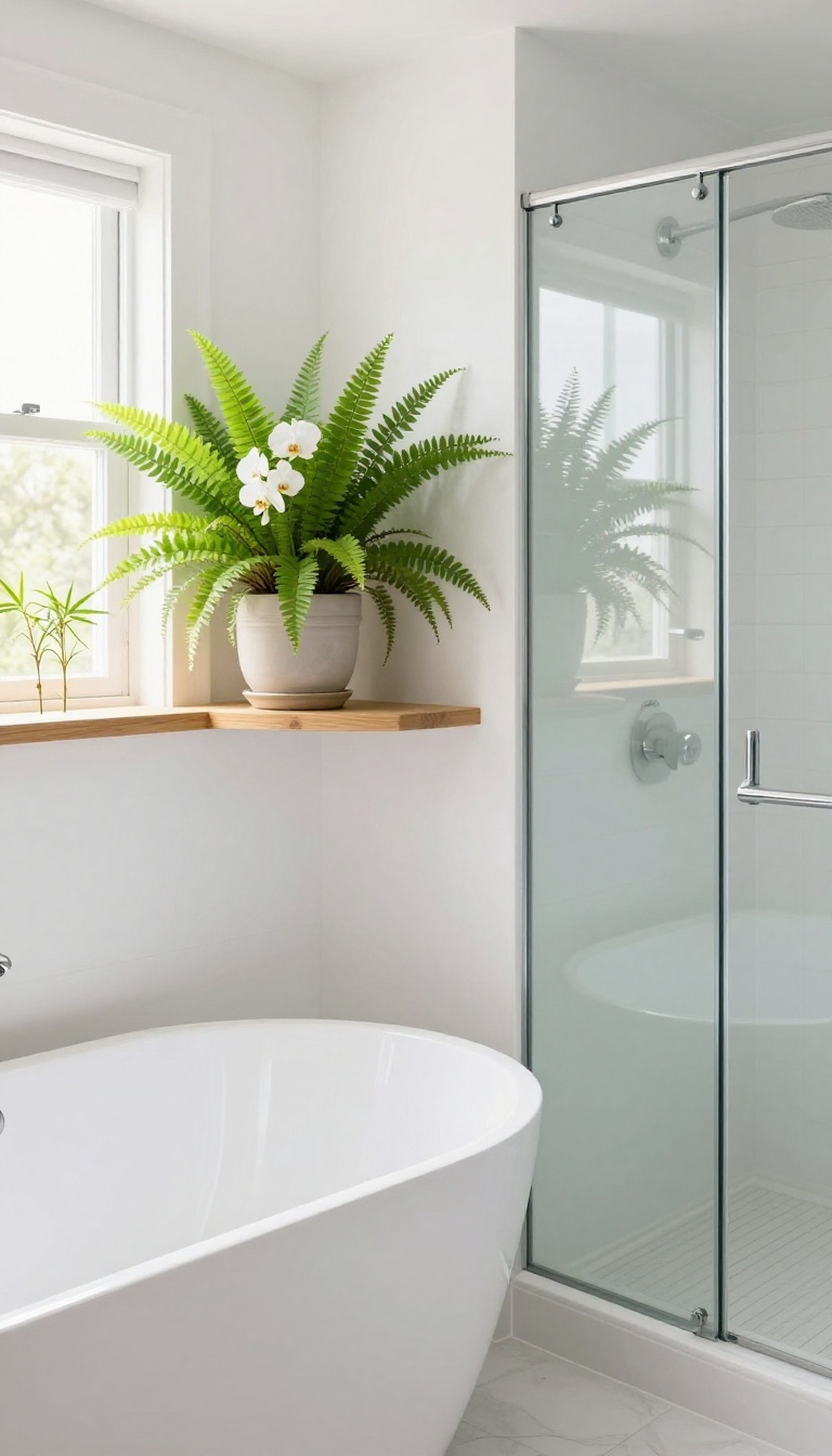 Humidity-loving plants like ferns and orchids on a shelf in a bright bathroom with a bathtub and shower