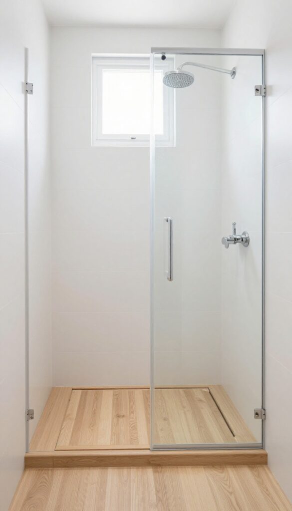 Fold-down teak shower seat mounted on a tiled wall in a bright, modern bathroom, providing a space-saving seating option.