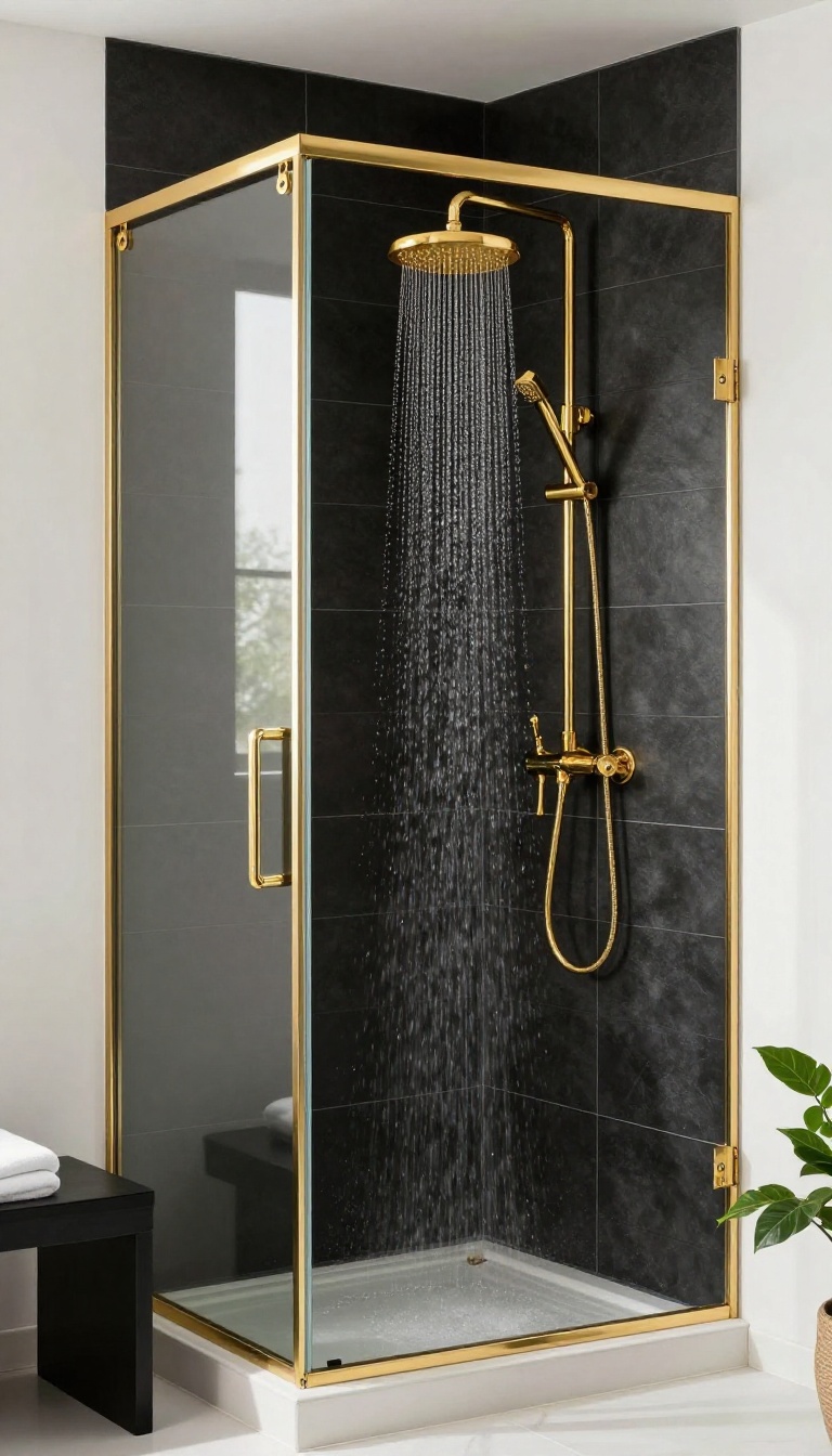 Black tile shower with gold fixtures in a modern bathroom