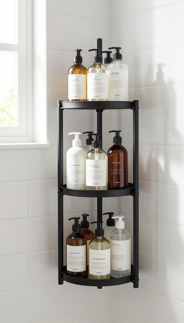 Tiered stand in a shower corner with neatly arranged bottles, modern bathroom design