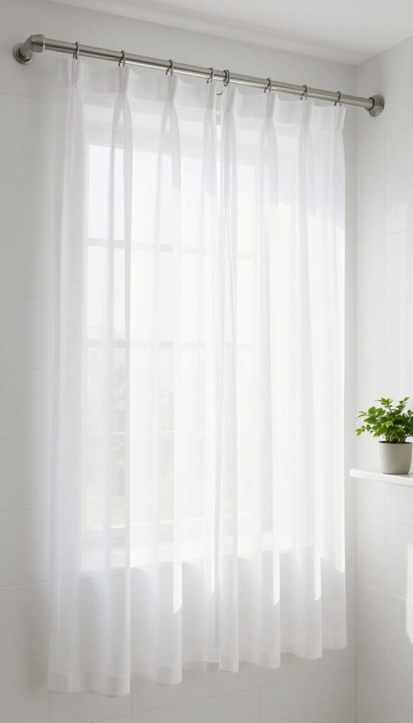 Bathroom with curved shower rod and two overlapping sheer curtains