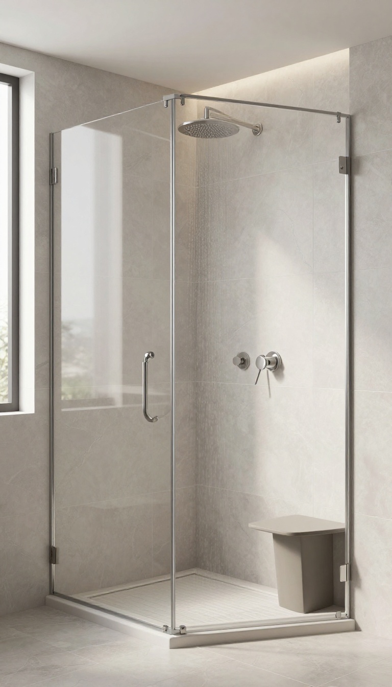 Modern walk-in shower with large-format tiles and frameless glass, creating a seamless, unbroken look.