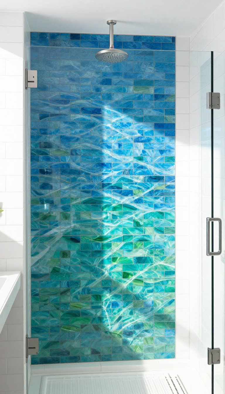 Ocean blue glass mosaic accent wall in a modern coastal shower, with white subway tiles and a rain showerhead, bright natural light.