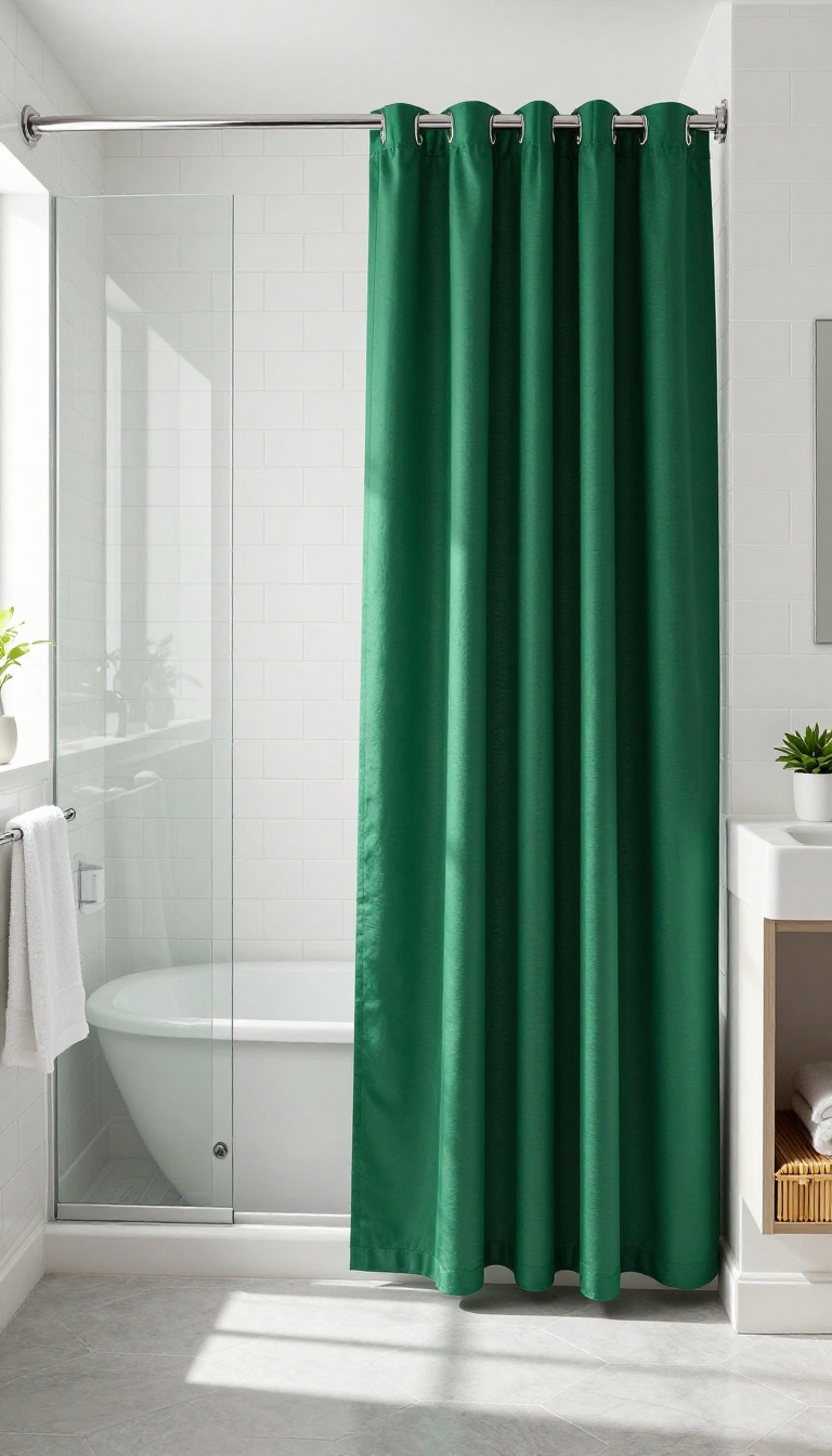 Bold emerald green shower curtain in a bright, modern bathroom with white tiles and natural light