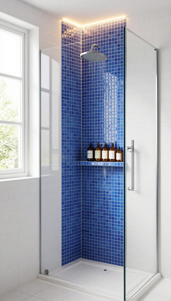 Modern bathroom shower with a built-in niche lined with blue mosaic tile and warm LED lighting, featuring neatly arranged glass bottles.