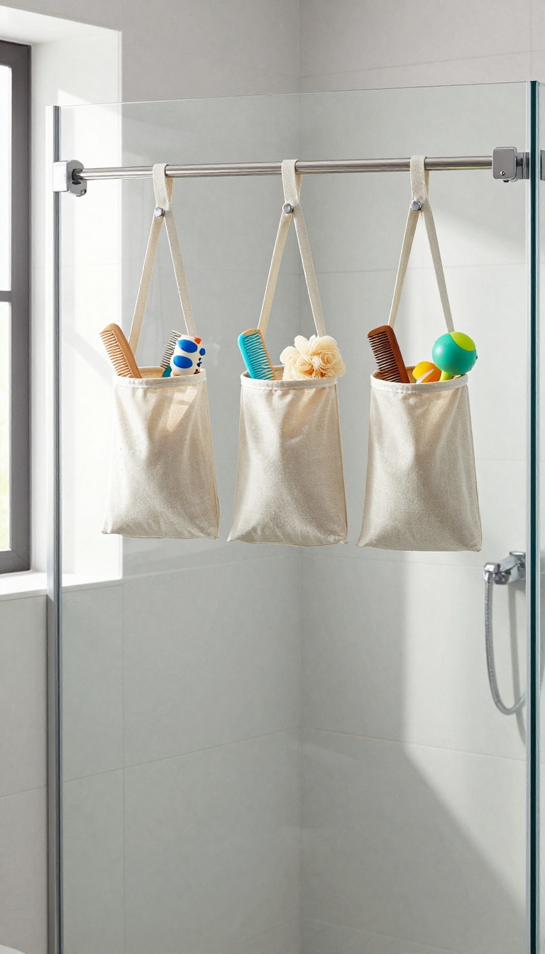 Hanging fabric bins with waterproof lining inside a modern shower, storing small bathroom essentials.