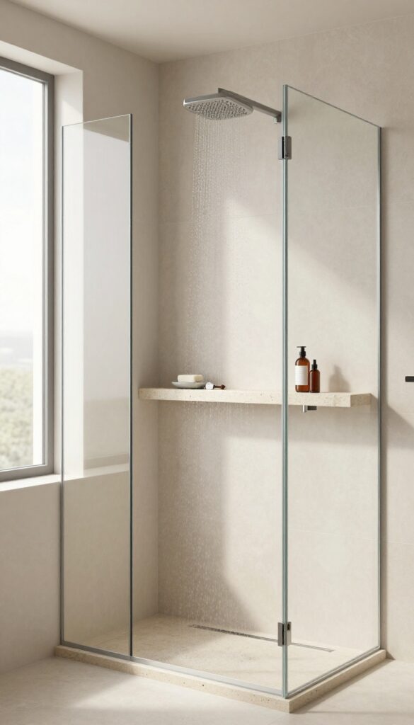 Modern shower with a slim linear stone shelf holding a few essentials, bathed in natural light