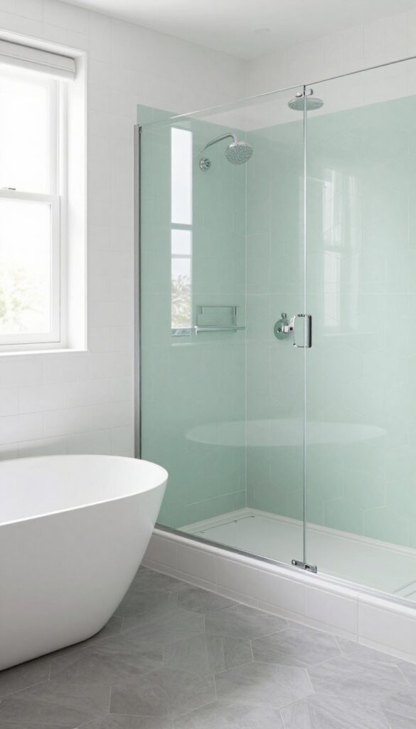 Modern bathroom with hexagonal tile accent wall behind a tub shower