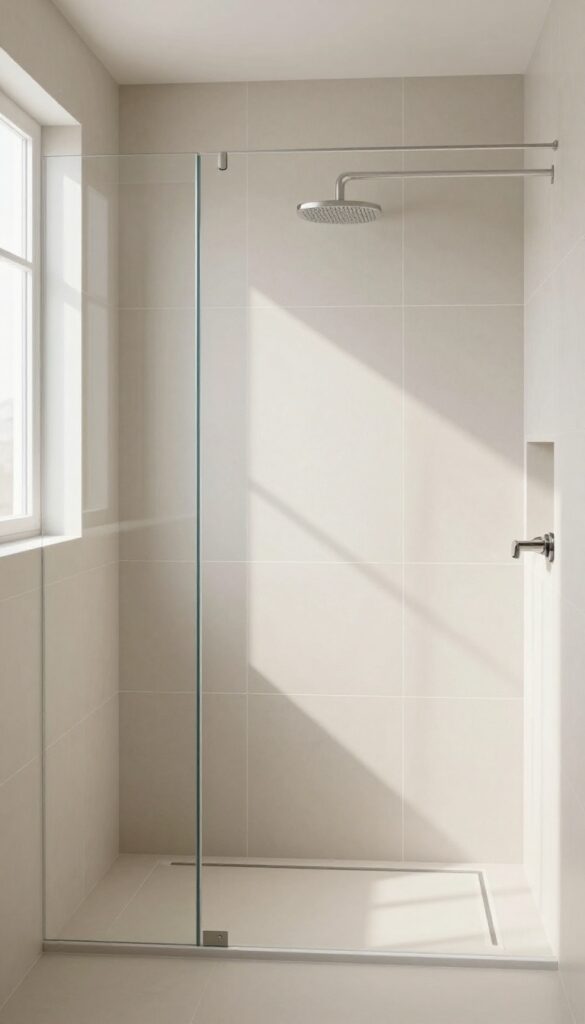 Modern bathroom shower with large-format tiles and minimal grout lines