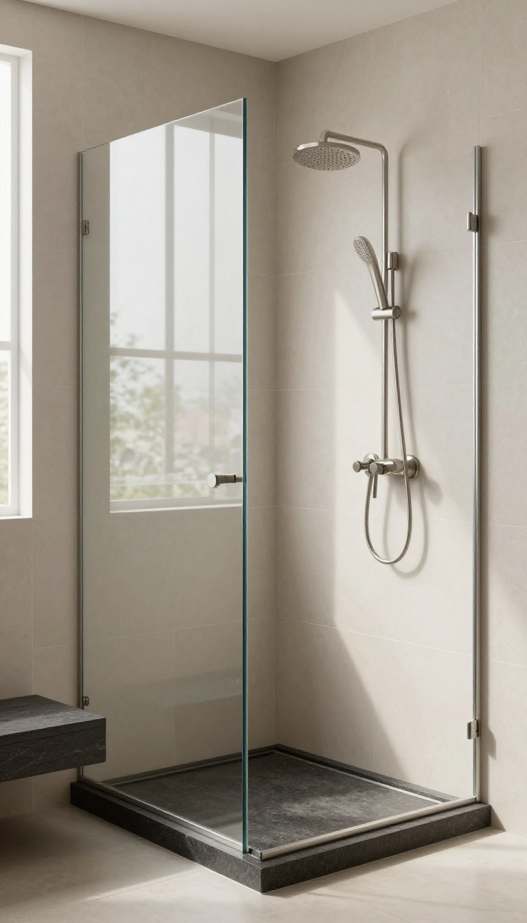 Modern walk-in shower with a dark slate bench contrasting with light beige tiles