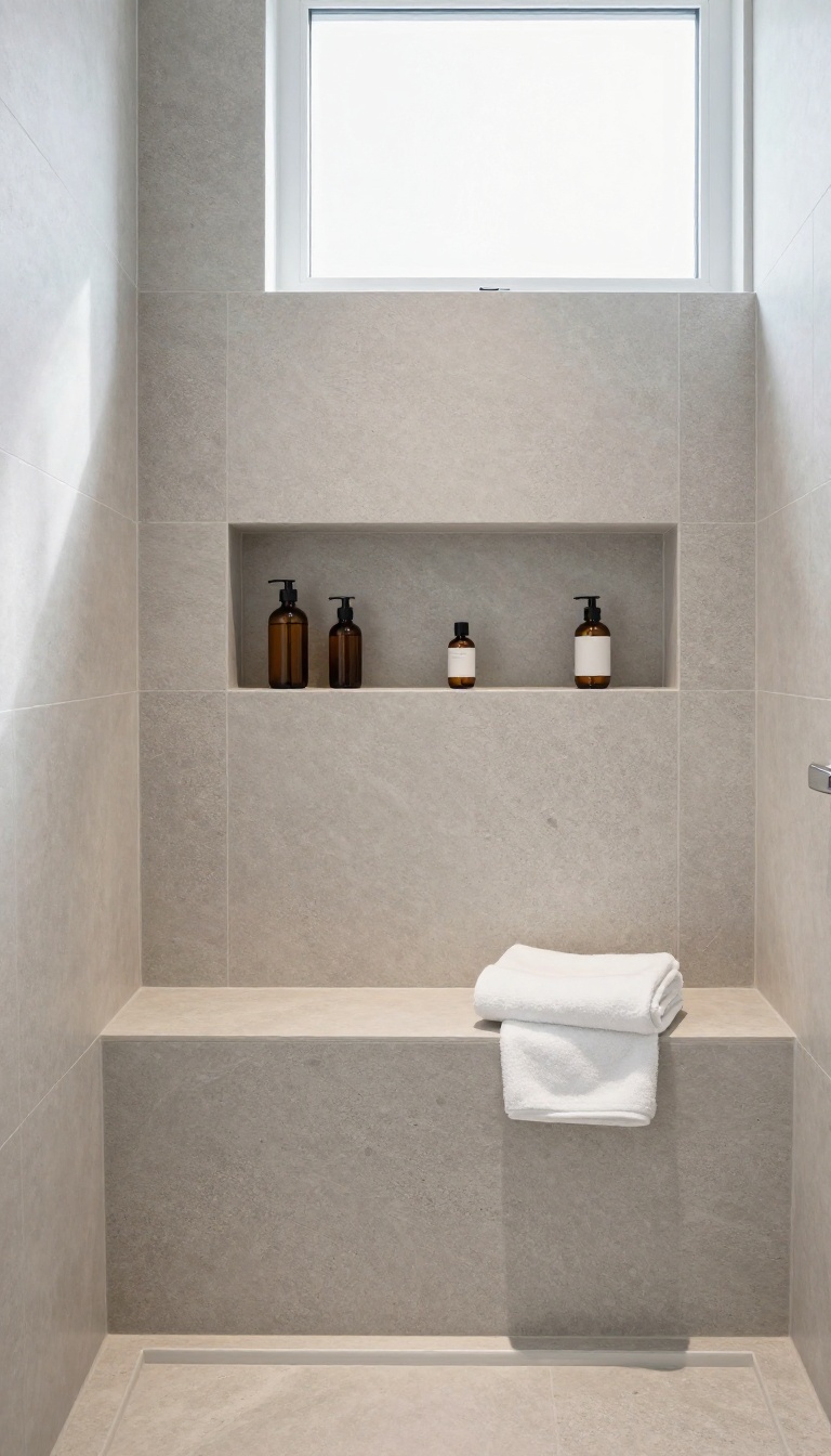 Modern shower with built-in bench and recessed niche above, both finished in matching stone tile, with bottles and towel, in bright natural light.