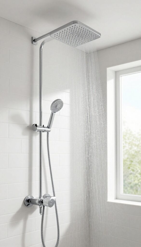 Modern rain shower head with volume control in a bright, spa-like bathroom