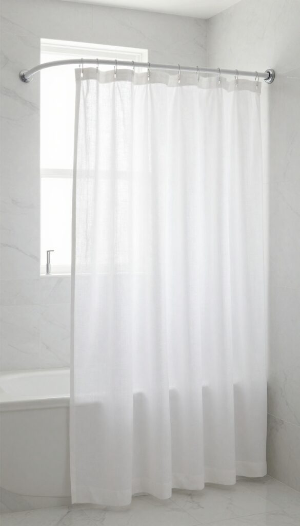 Small bathroom with curved shower rod and extra-long white linen curtain, creating a custom, spacious look.