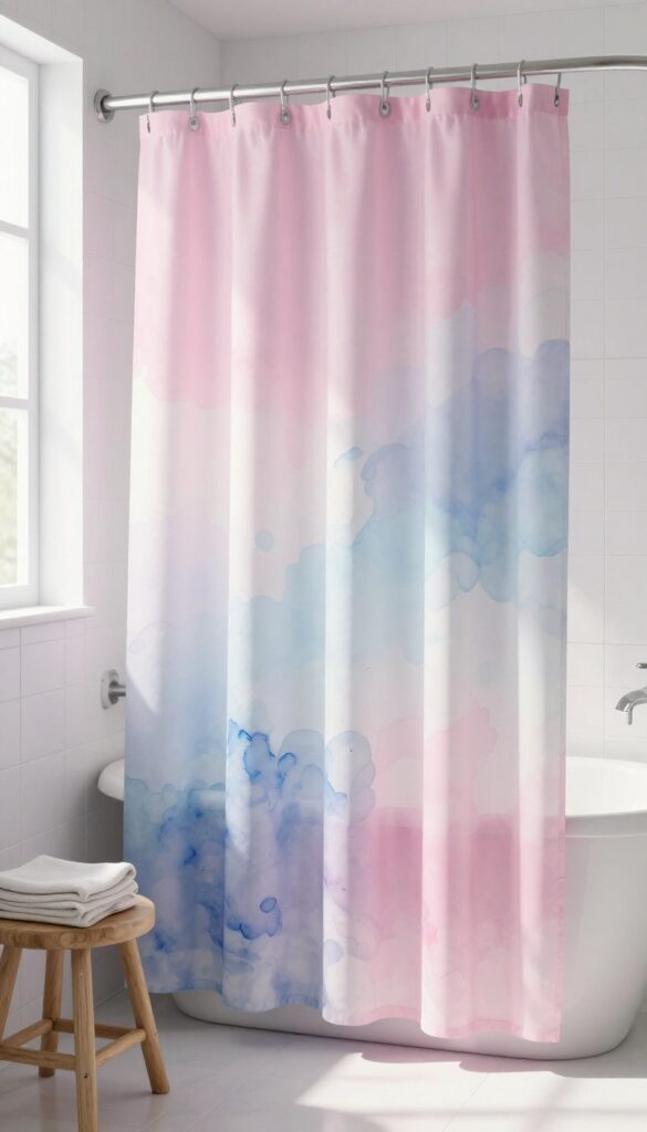 Watercolor-style shower curtain in a bright bathroom with pastel hues and natural light