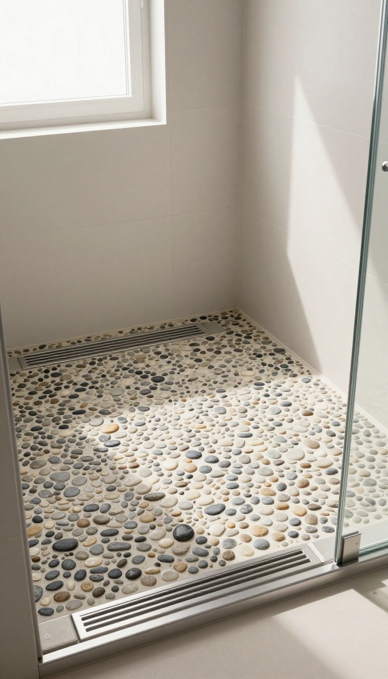 Modern bathroom shower with pebble floor and linear drain