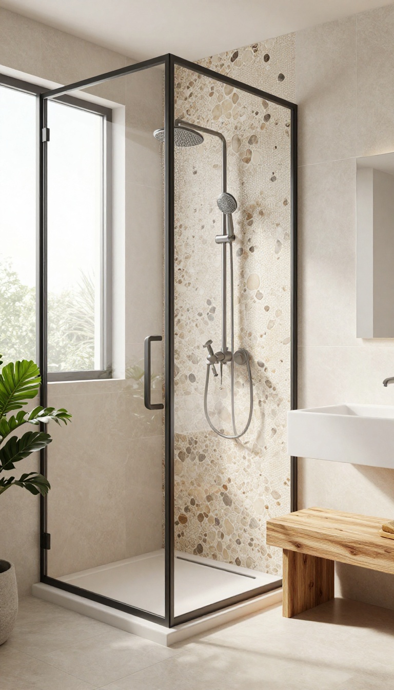 Spa-like bathroom shower with pebble tile flooring and natural stone texture