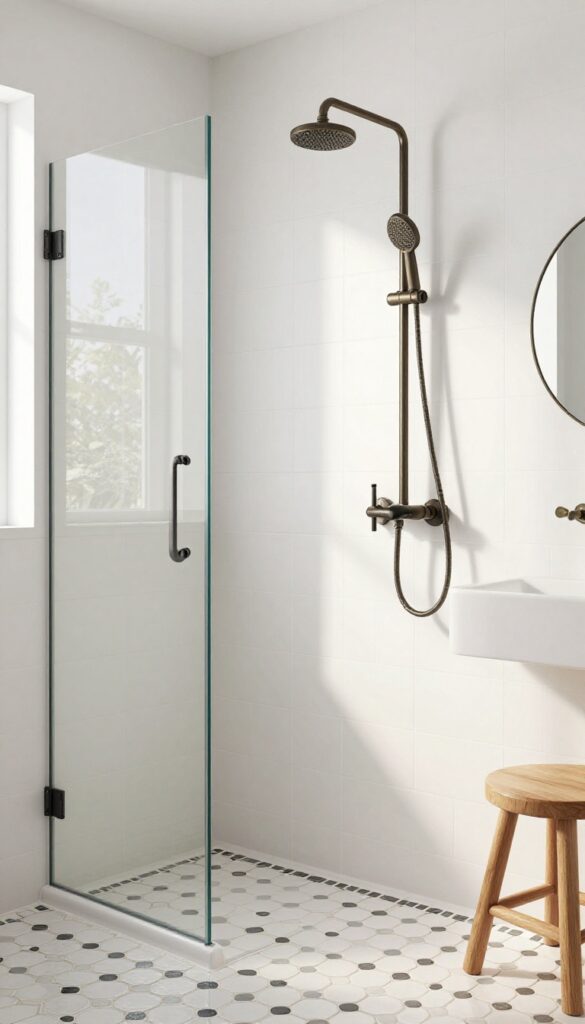 Modern bathroom with penny tile tub shower, white tiles, dark grout, matte black fixtures, brass accents, and natural light