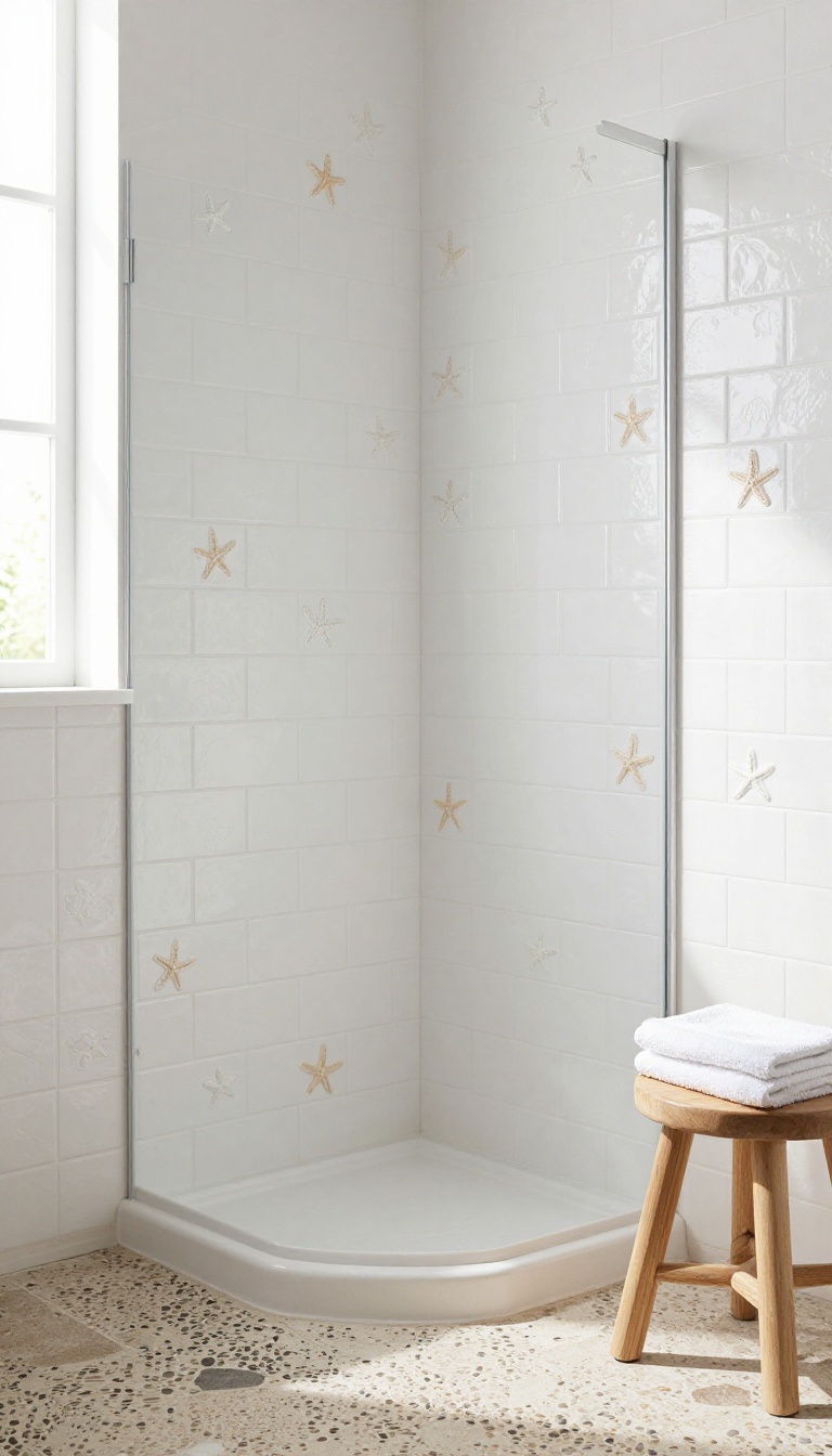 Coastal shower with white subway tiles and subtle starfish motif accents, natural light, pebble floor, and wood stool