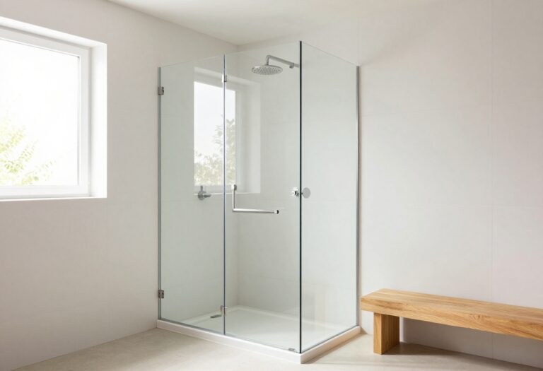Small stand-up shower with frameless glass door and rainfall showerhead