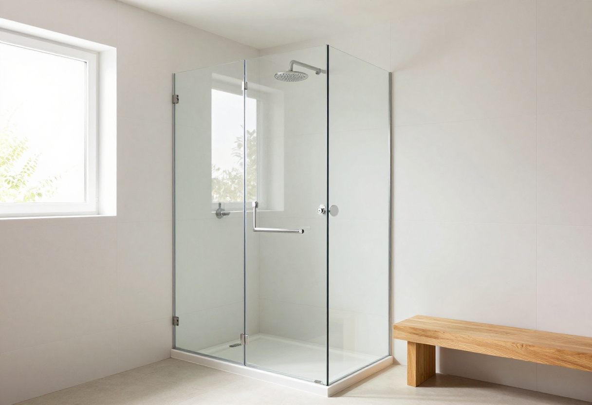 Small stand-up shower with frameless glass door and rainfall showerhead