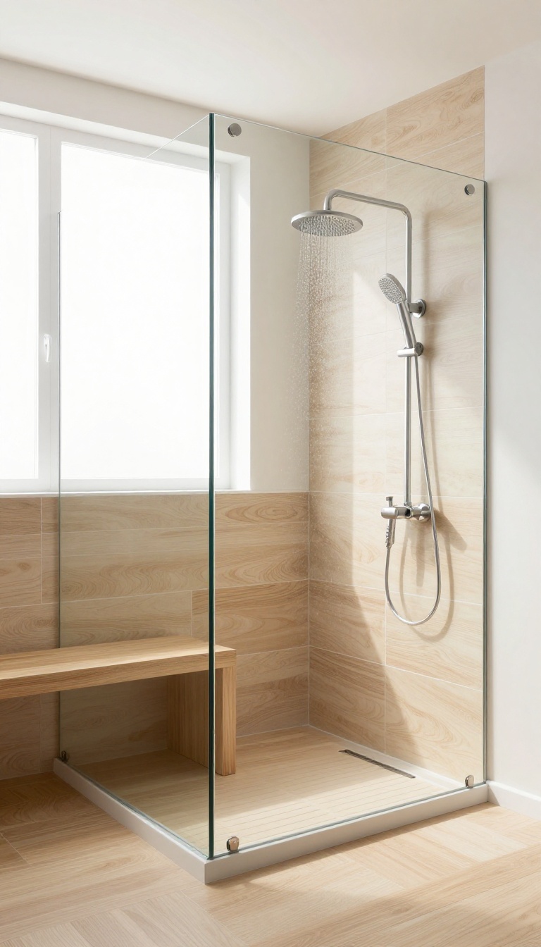 Modern shower with wood tile wainscoting and glass upper walls