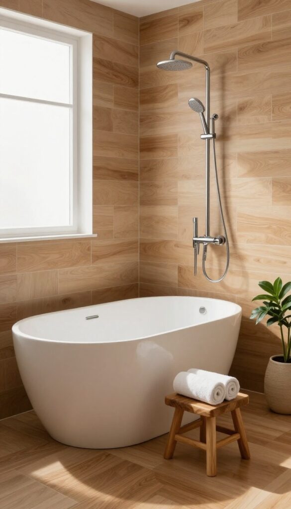Warm bathroom with wood-look porcelain tile around a bathtub and shower, creating a spa-like atmosphere.