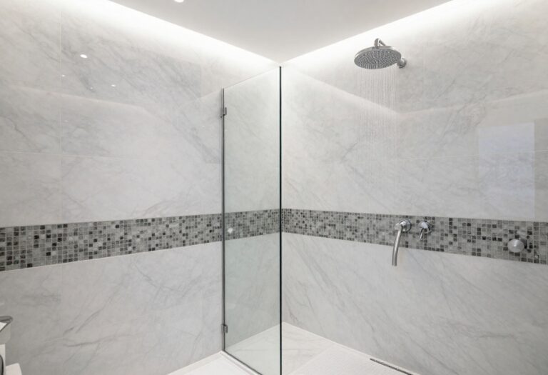 Modern shower with marble and glass tile mix