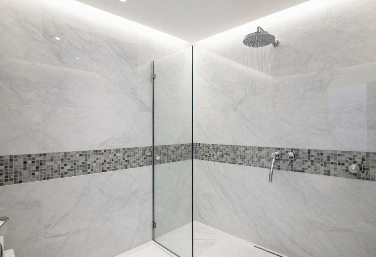 Modern shower with marble and glass tile mix