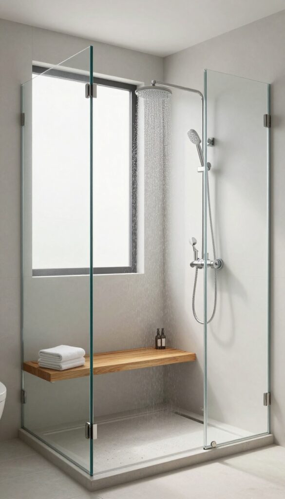 Modern walk-in shower with a built-in stone bench and teak wood seat, featuring a rainfall showerhead and natural light.