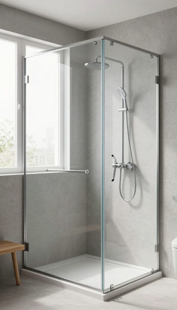 Modern bathroom with frameless glass neo angle shower, large-format tiles, and natural light