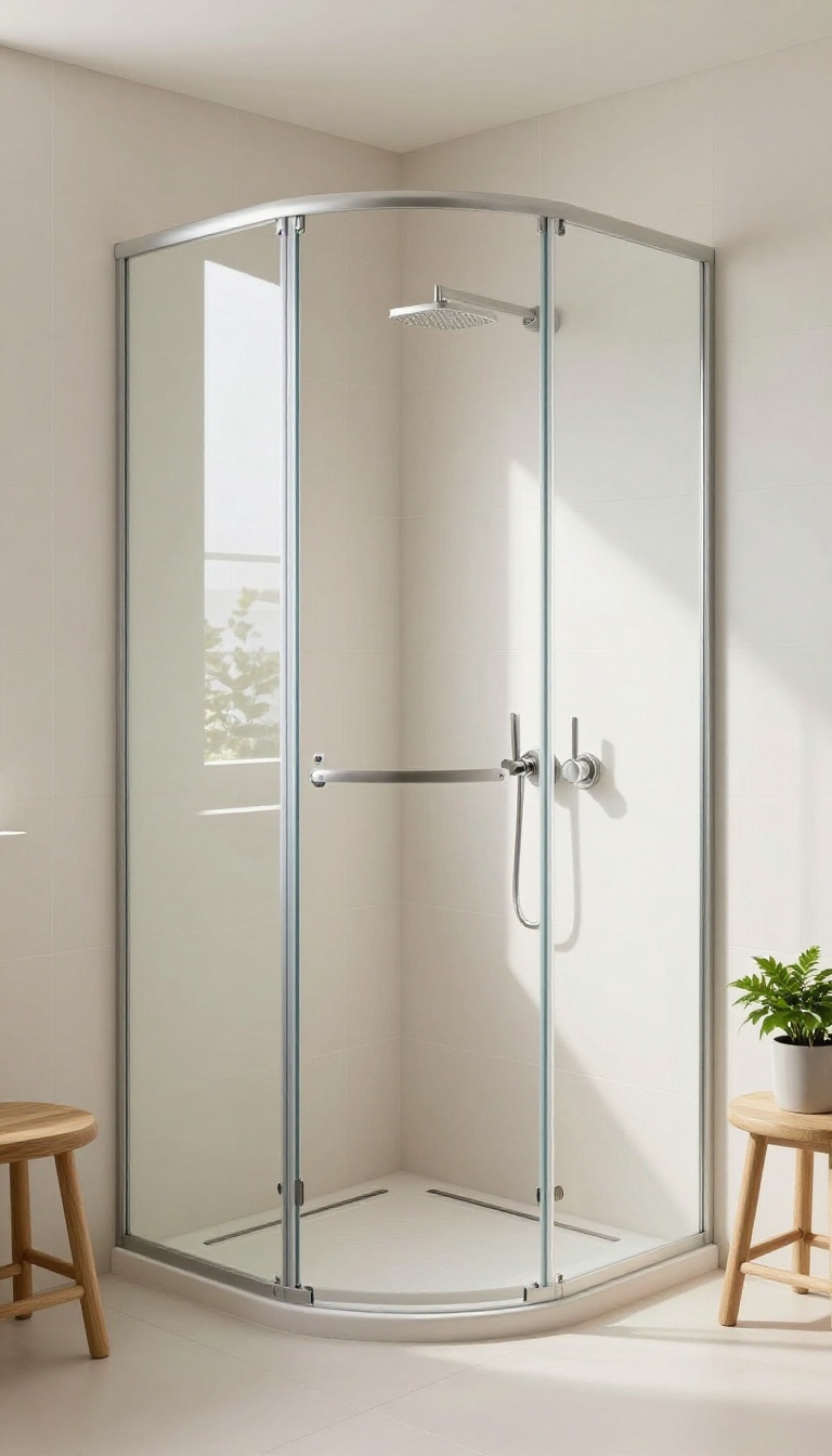 Curved glass shower enclosure in a small bright bathroom with neutral tiles and natural light