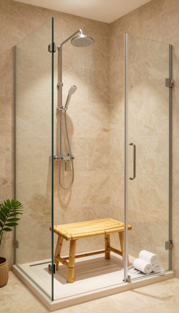 Bamboo shower stool in a bright, spa-like bathroom with natural stone tiles and a rainfall showerhead.
