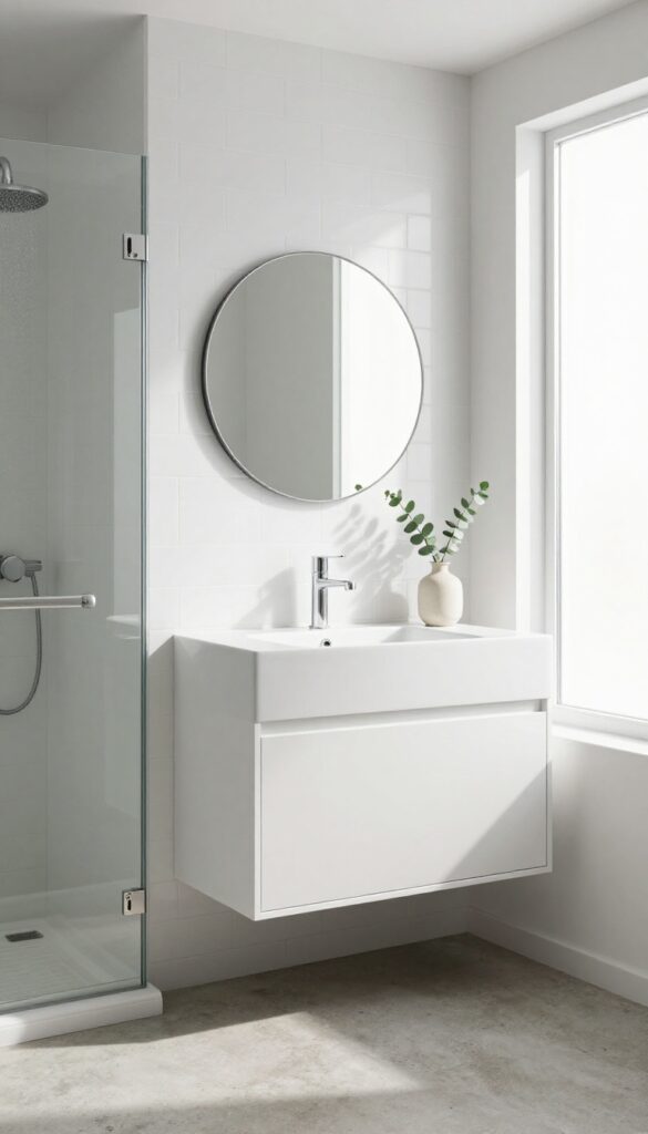 Small modern bathroom with wall-mounted vanity and toilet, glass shower with rainfall showerhead, bright natural light