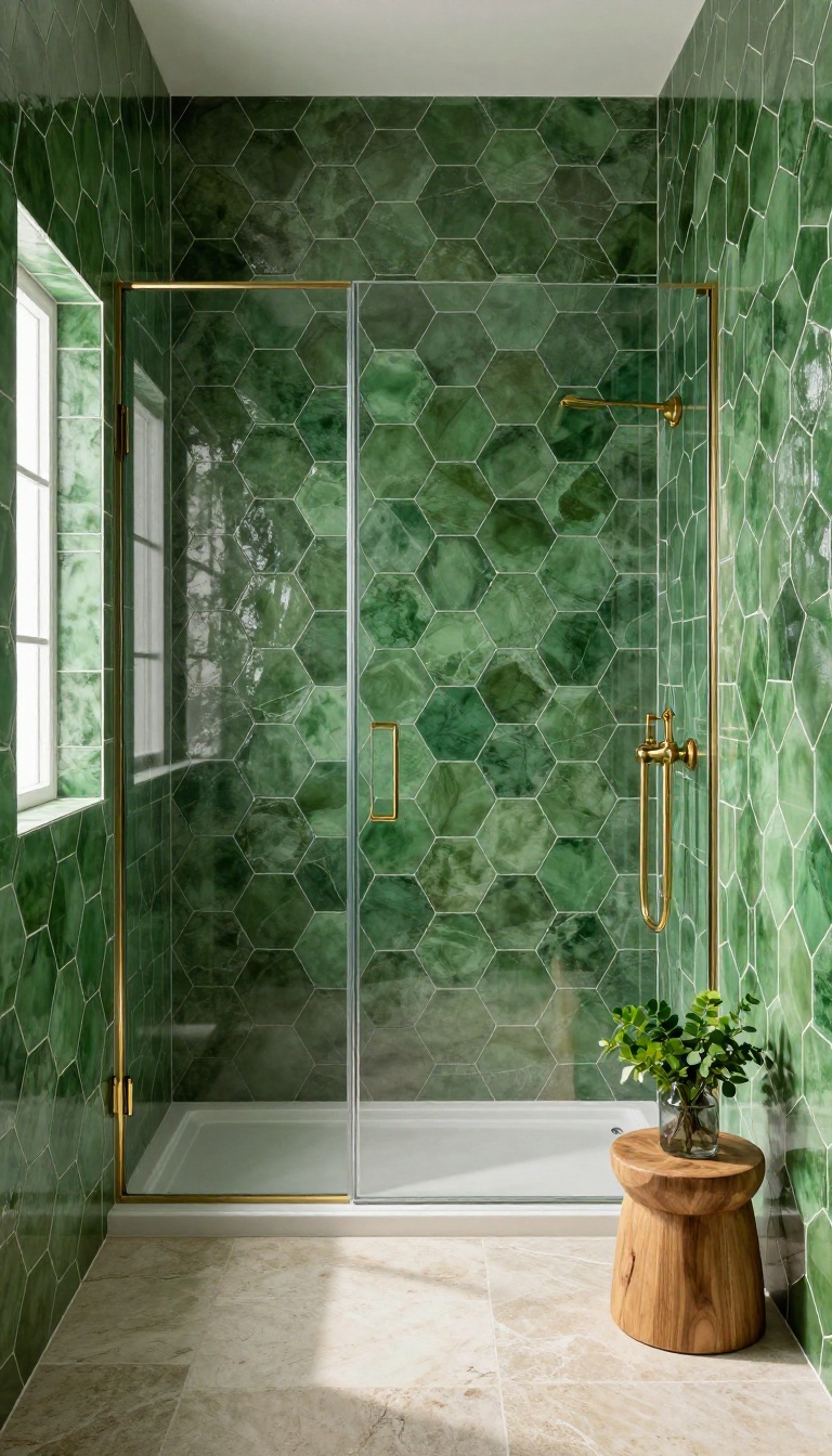 Forest green hexagon tiles in a modern shower with brass fixtures and natural light