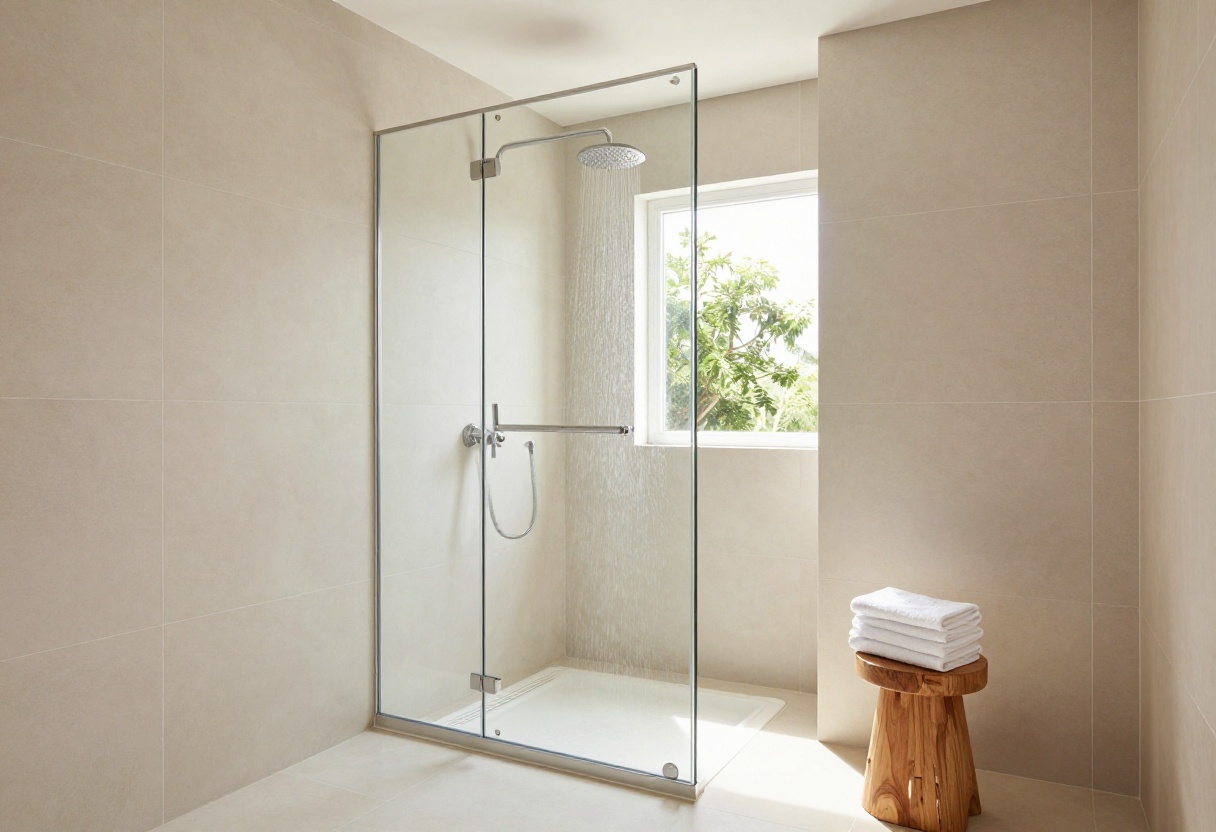 Modern bathroom shower with beige tiles and glass enclosure
