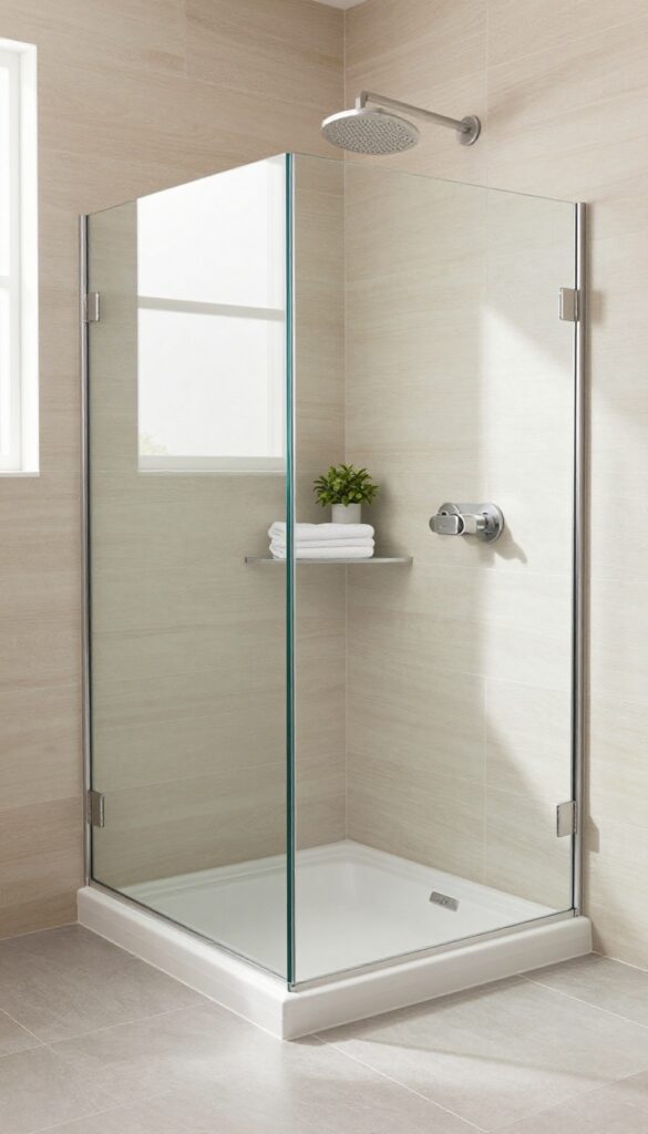 Modern corner shower base in a small bright bathroom with sleek glass panels and wood-look tiles