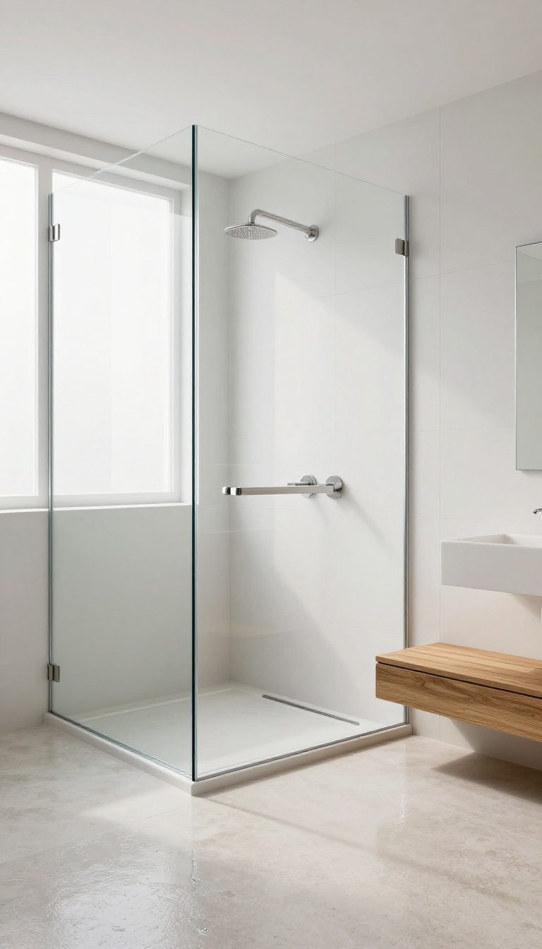 Modern curbless shower with a built-in teak bench and a discreet brushed nickel grab bar, showcasing safety and style.
